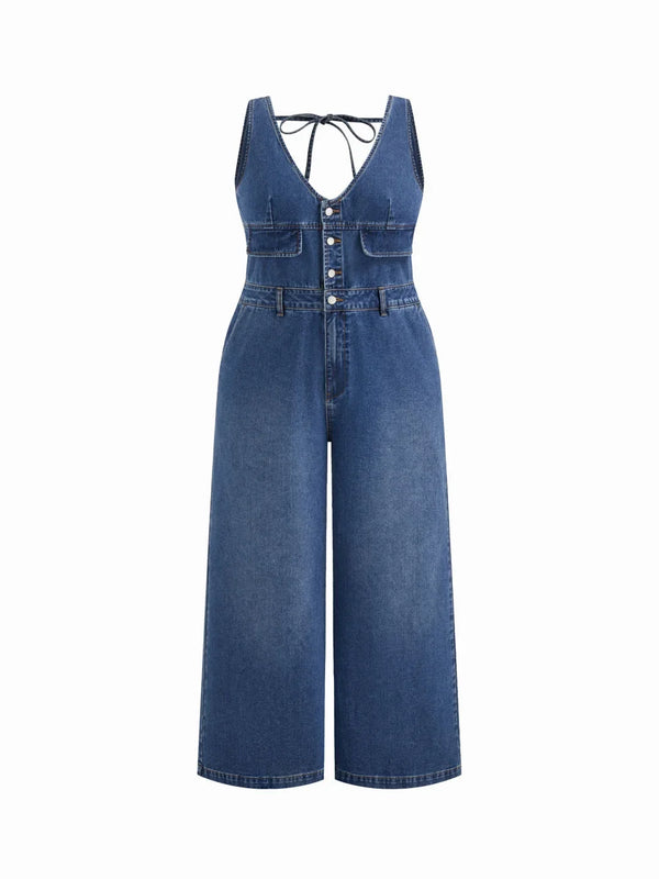 Denim V-neck Knotted Wide Leg Jumpsuit Curve & Plus