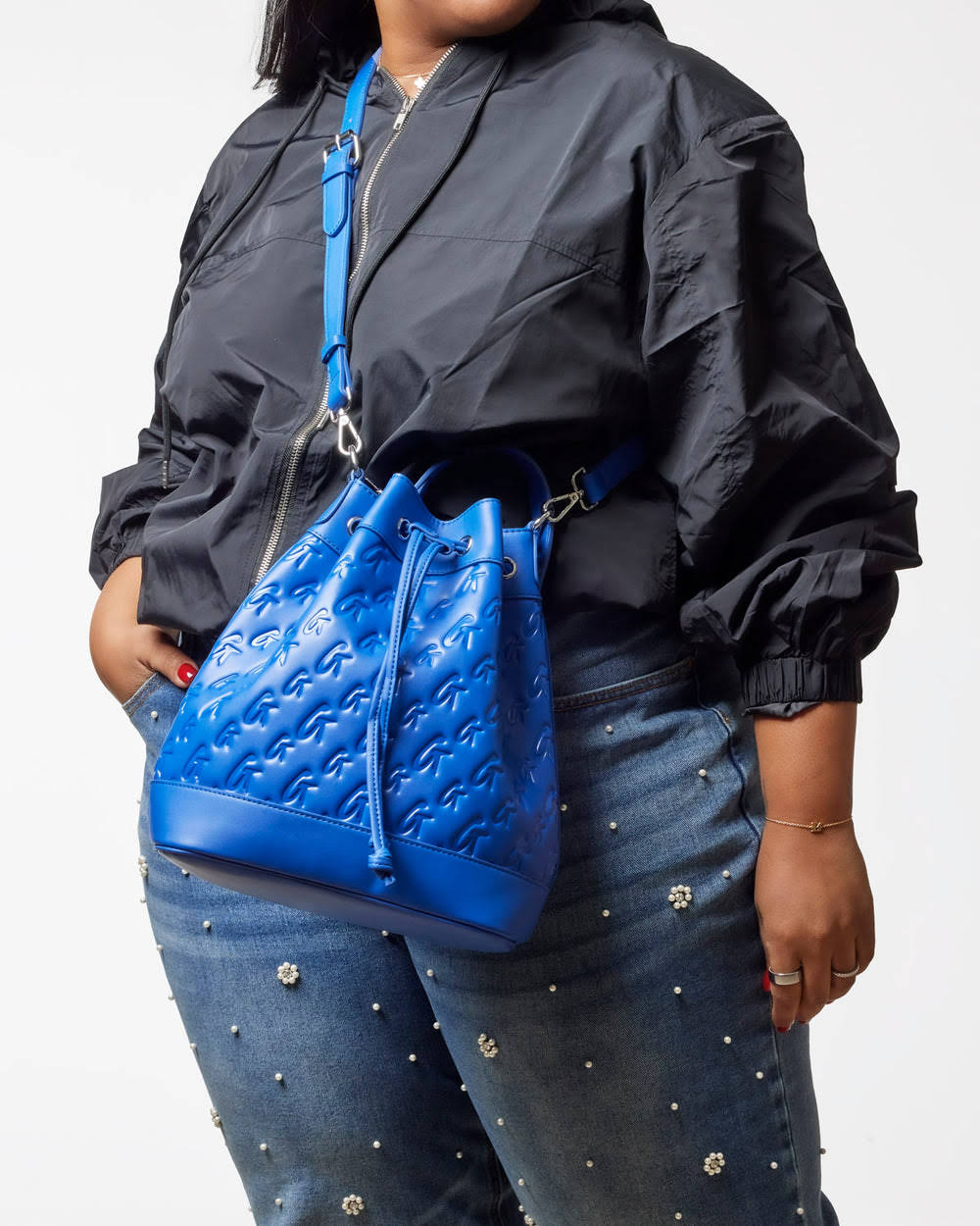Large Vegan Leather Bucket Bag - Blue