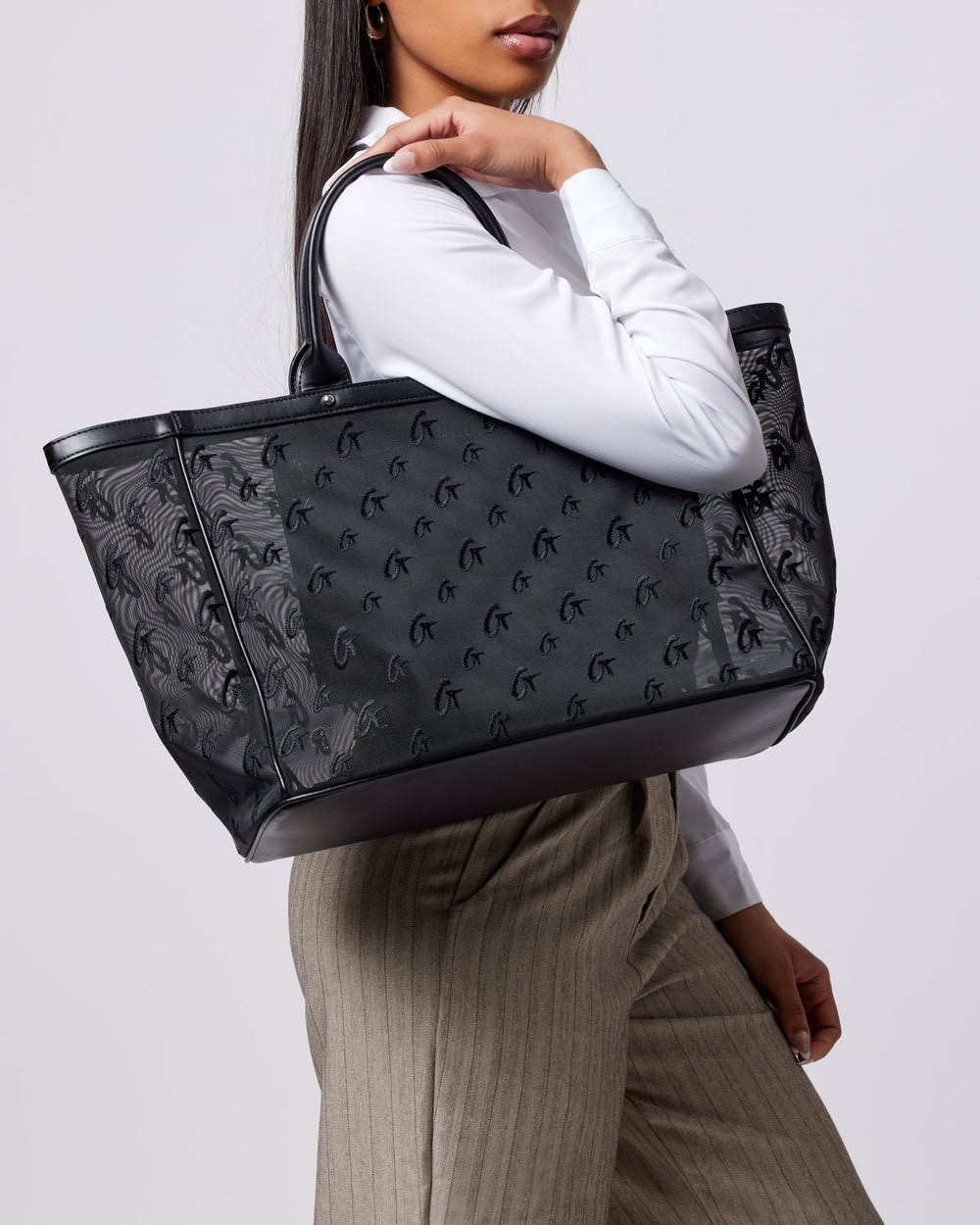 Mesh Tote Bag With Vegan Leather Trim - Black