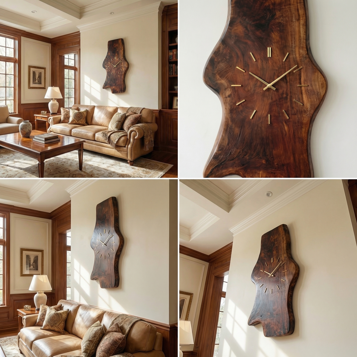 Rustic Live Edge Wood Wall Clock Solid Wood Living Room - view 5