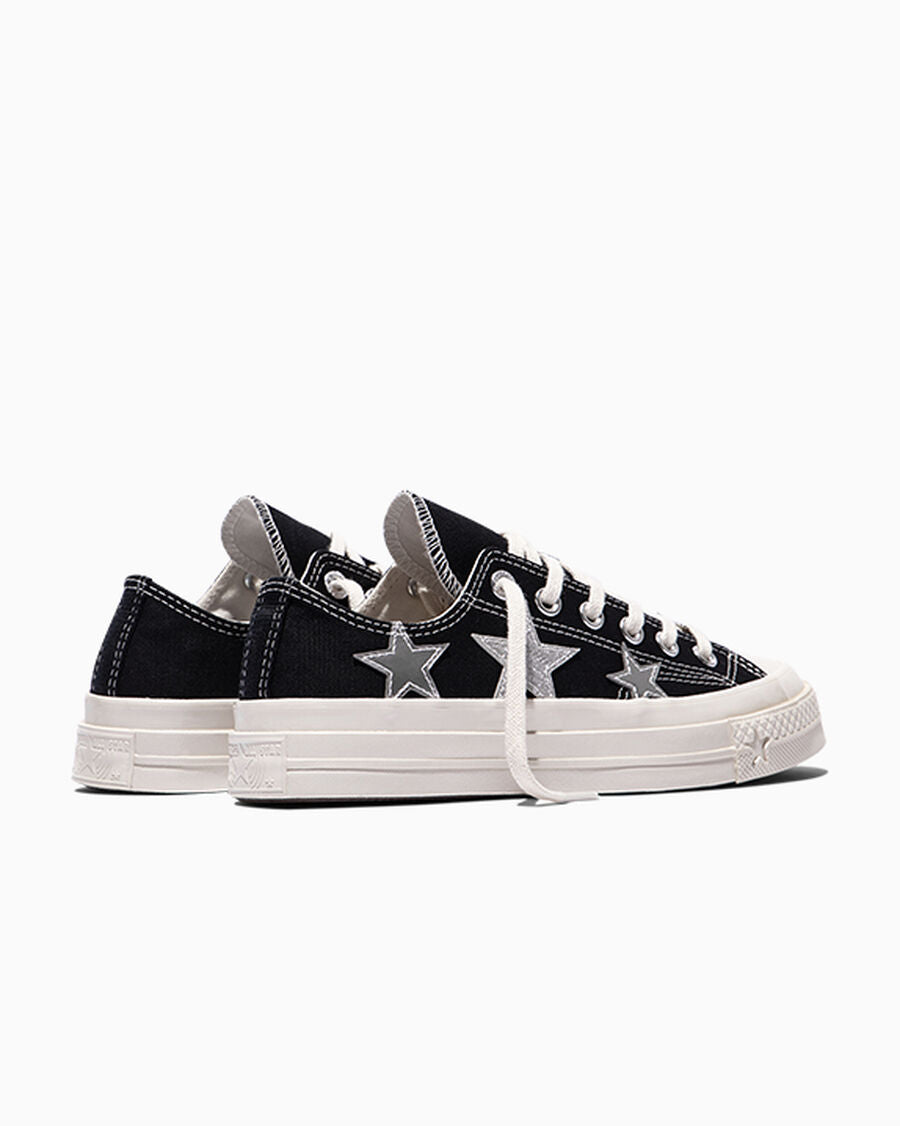Canvas Low Top Sneaker With Silver Stars - Black/Dull Silver/Egret