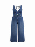 Denim V-neck Knotted Wide Leg Jumpsuit Curve & Plus