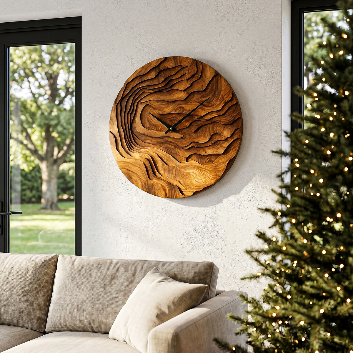 Rustic Wood Wall Clock with Hand Carved Organic Pattern for Living Room