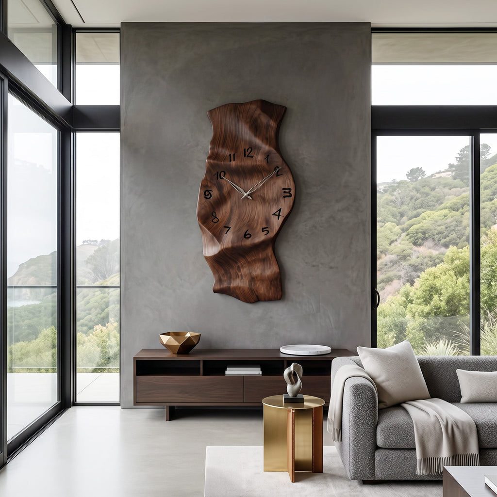Contemporary Wall Clock, Unique Vertical Abstract Wooden Clock