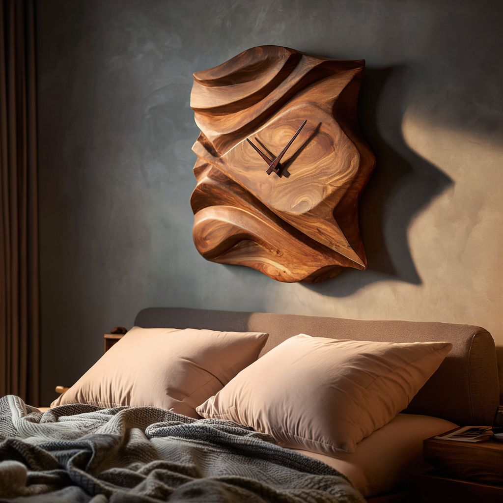 Contemporary Wooden Wall Clock, Hand-Carved Abstract Wave Wood Accent Clock