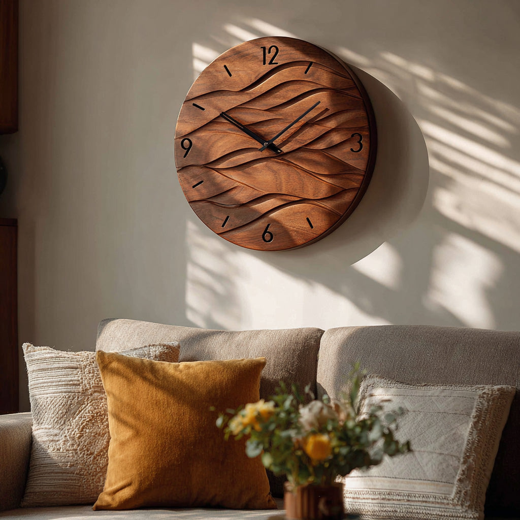 Organic Modern Wood Wave Wall Clock, 3D Hand-Carved Fluid Abstract Clock