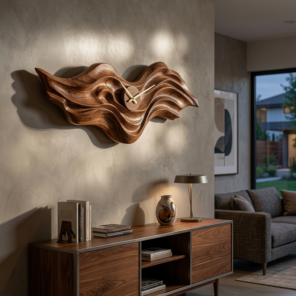 Organic Wood Wall Clock with Wave Sculpture for Living Interior