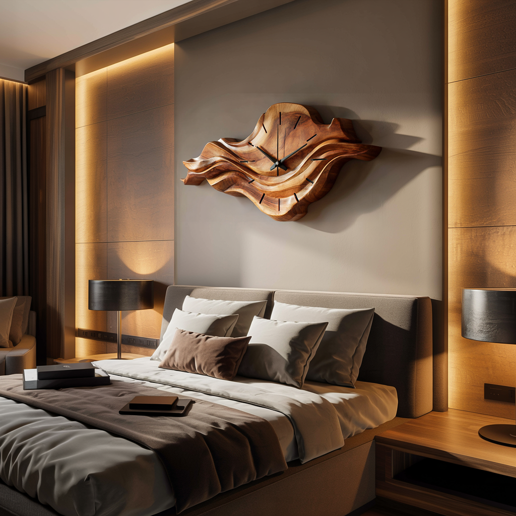 Contemporary Wooden Wall Clock with Unique Wave Sculpture for Home