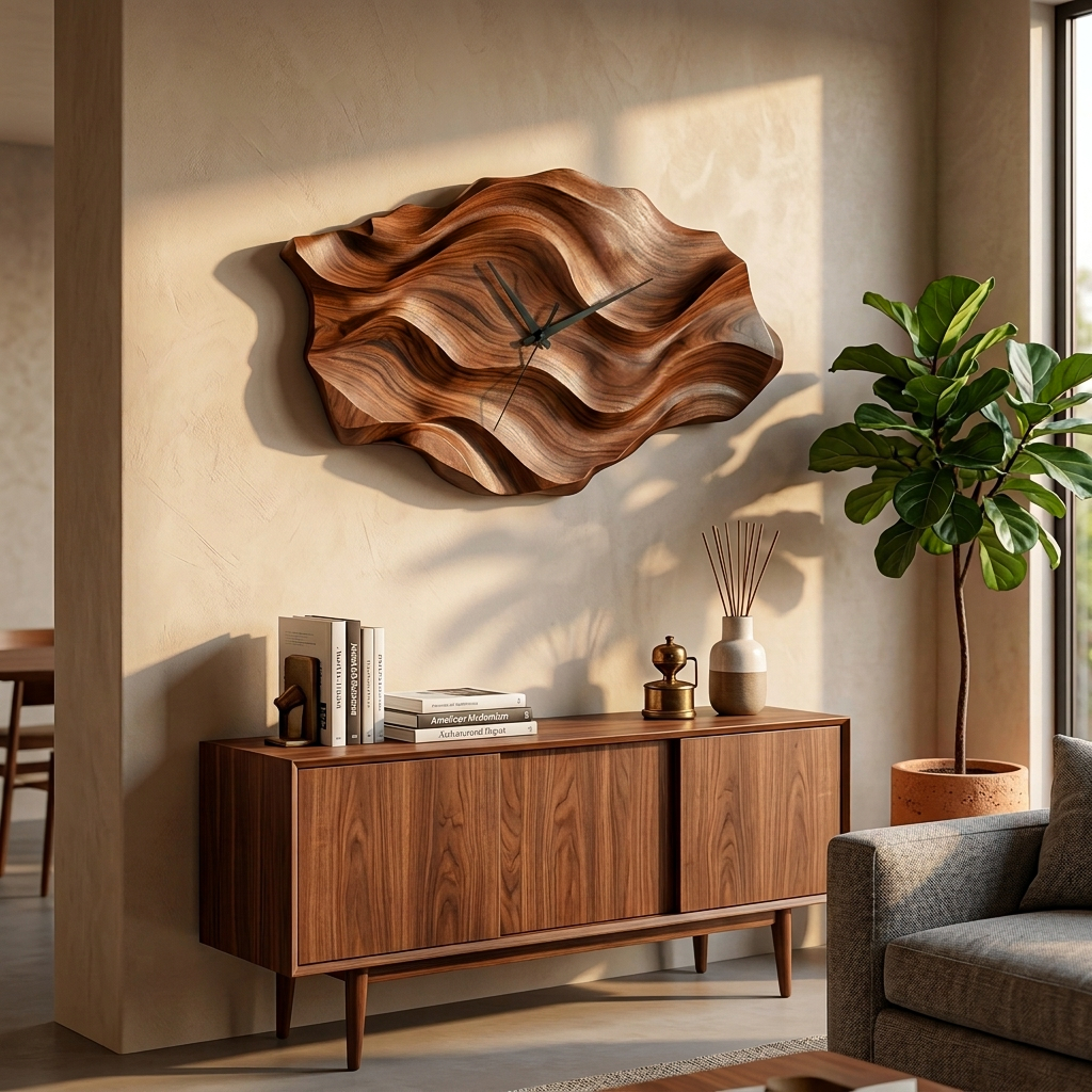Artistic Wooden Wall Clock, Wavy Design Modern Abstract Wood Clock
