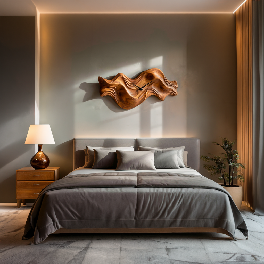Modern Wooden Wall Clock, Organic Wave Solid Wood Hanging Art Timepiece