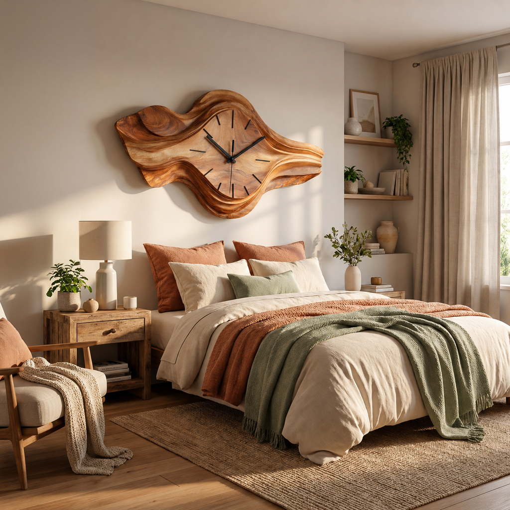 Organic Wooden Wall Clock, Sculptural Wave Design Wood Clock for Bedroom