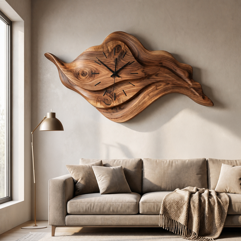 Artistic Sculptural Wooden Clock, Modern Abstract Hand-Carved Decorative Wood