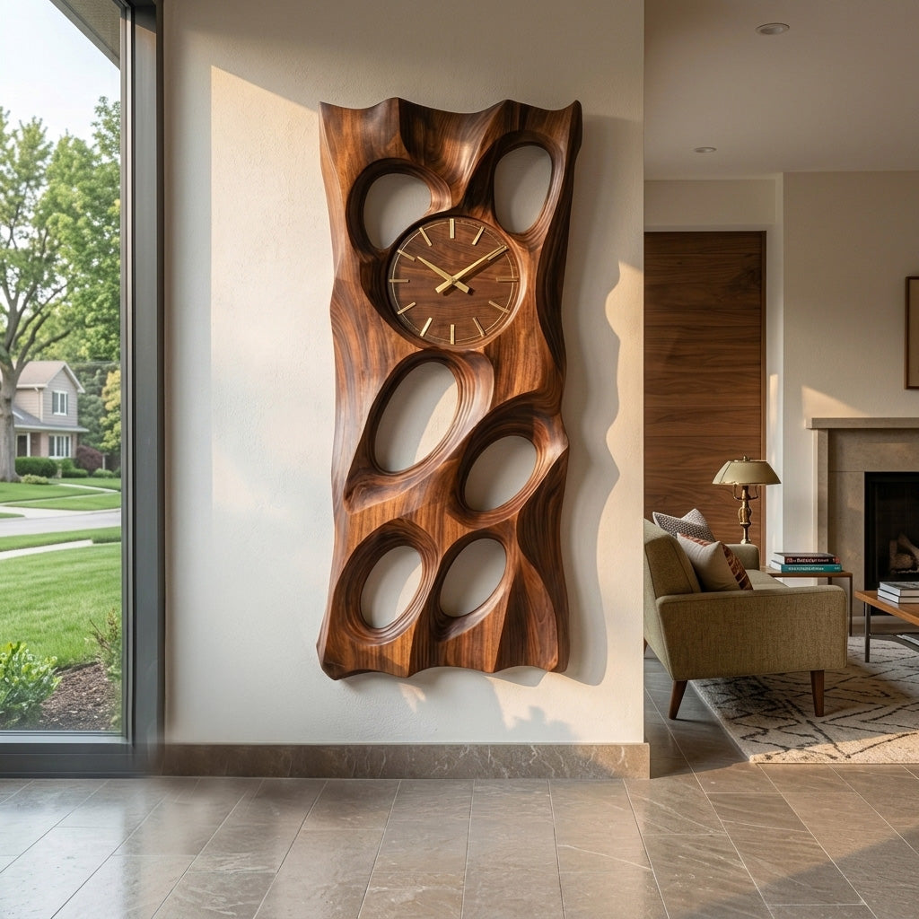 Wooden Wall Clock with Openwork Geometric Design