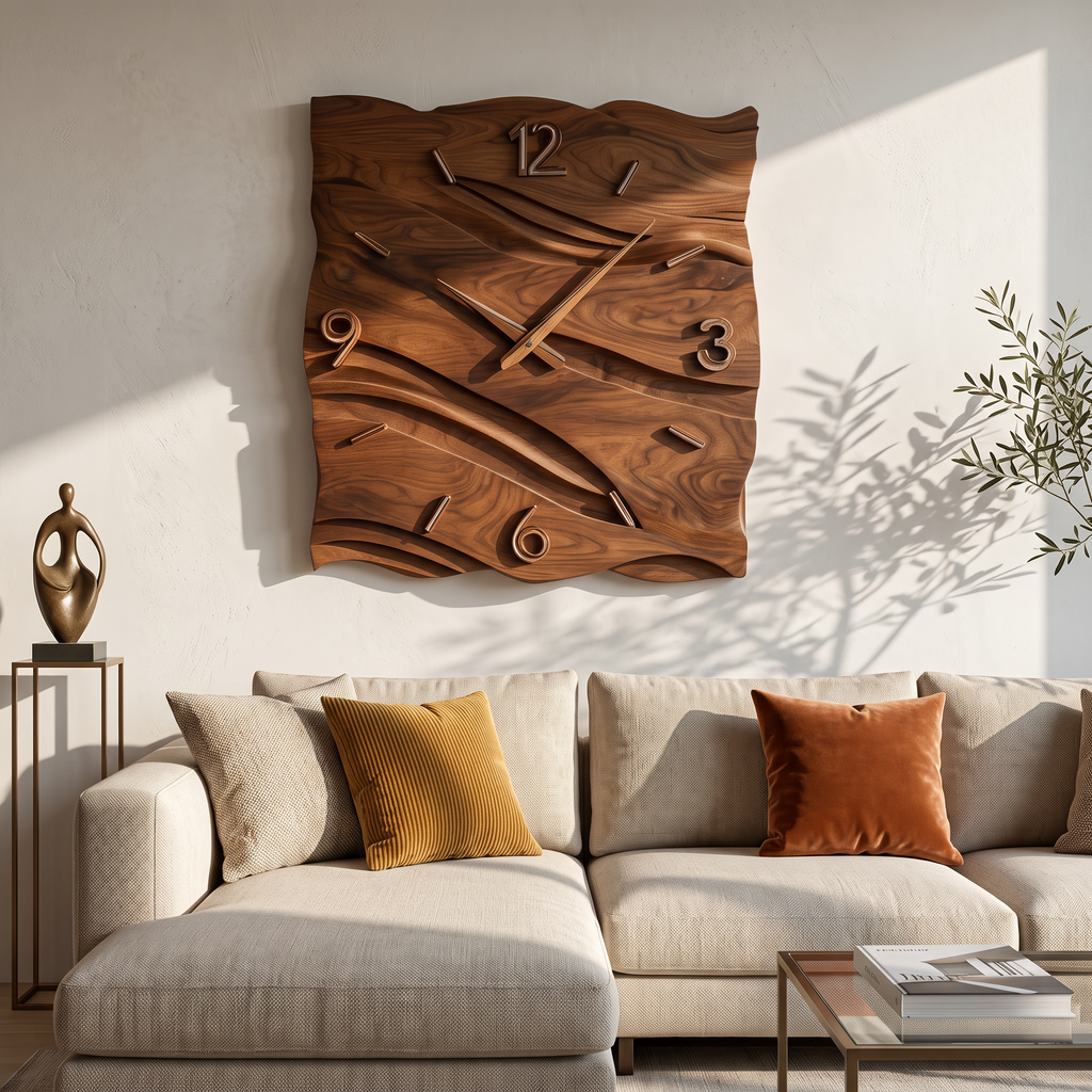 Organic Modern Wood Wave Wall Clock, Handcrafted Solid Wooden Wavy Artistic