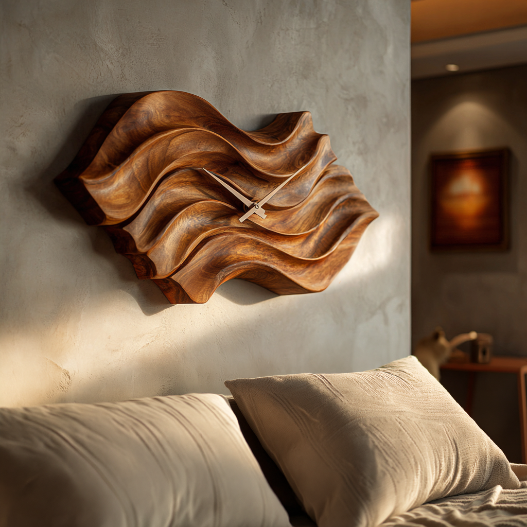 Modern Wooden Wall Clock, Organic Wavy Shape Solid Wood Quiet Timepiece