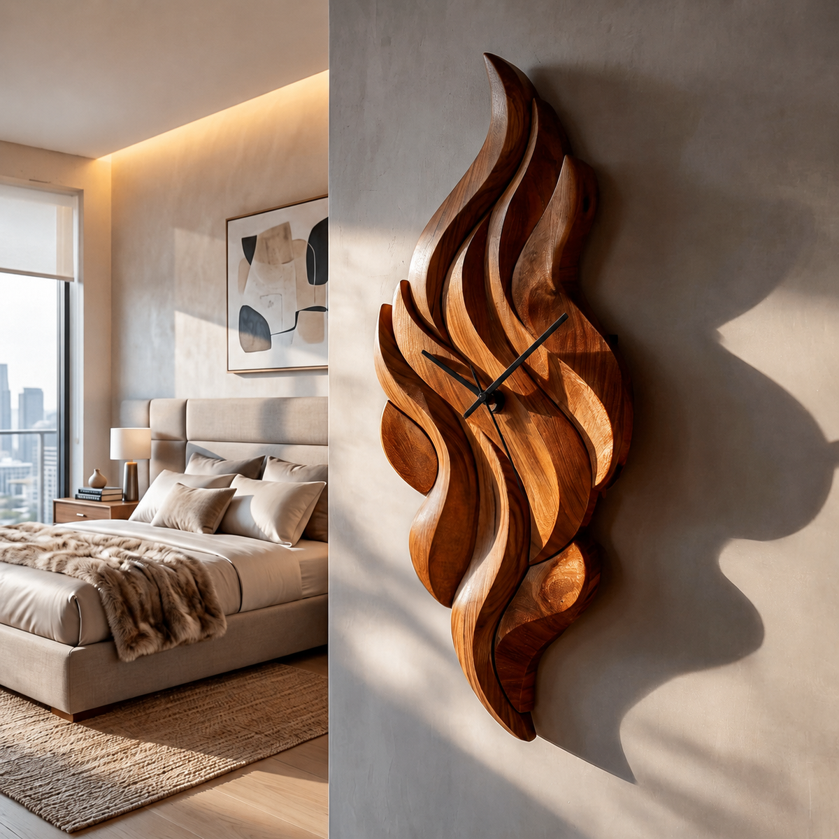 Modern Wooden Wall Clock with Sculptural Wave Carving
