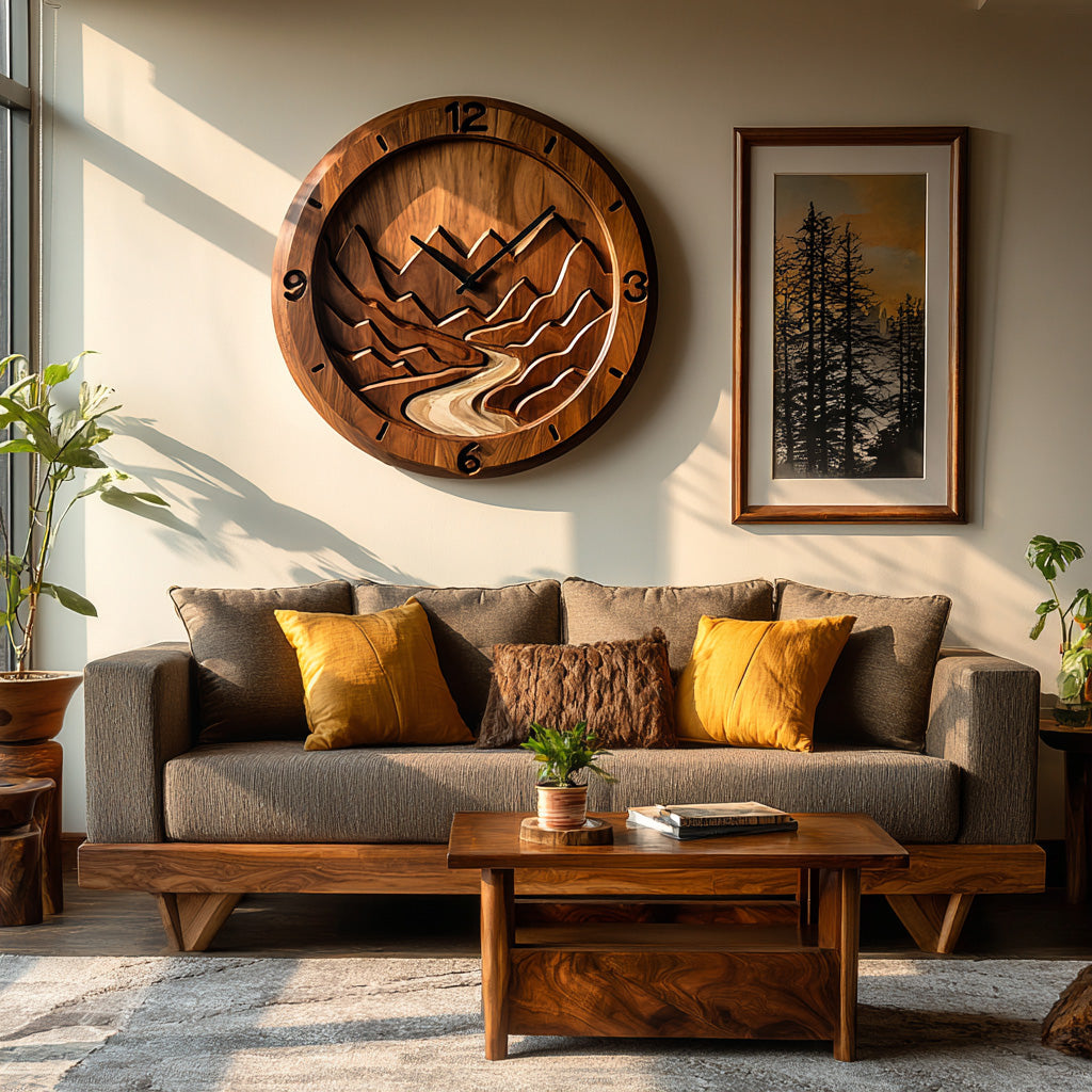 Rustic Wood Wall Clock, Mountain Landscape 3D Hand-Carved Nature Scene Wooden Clock - view 6