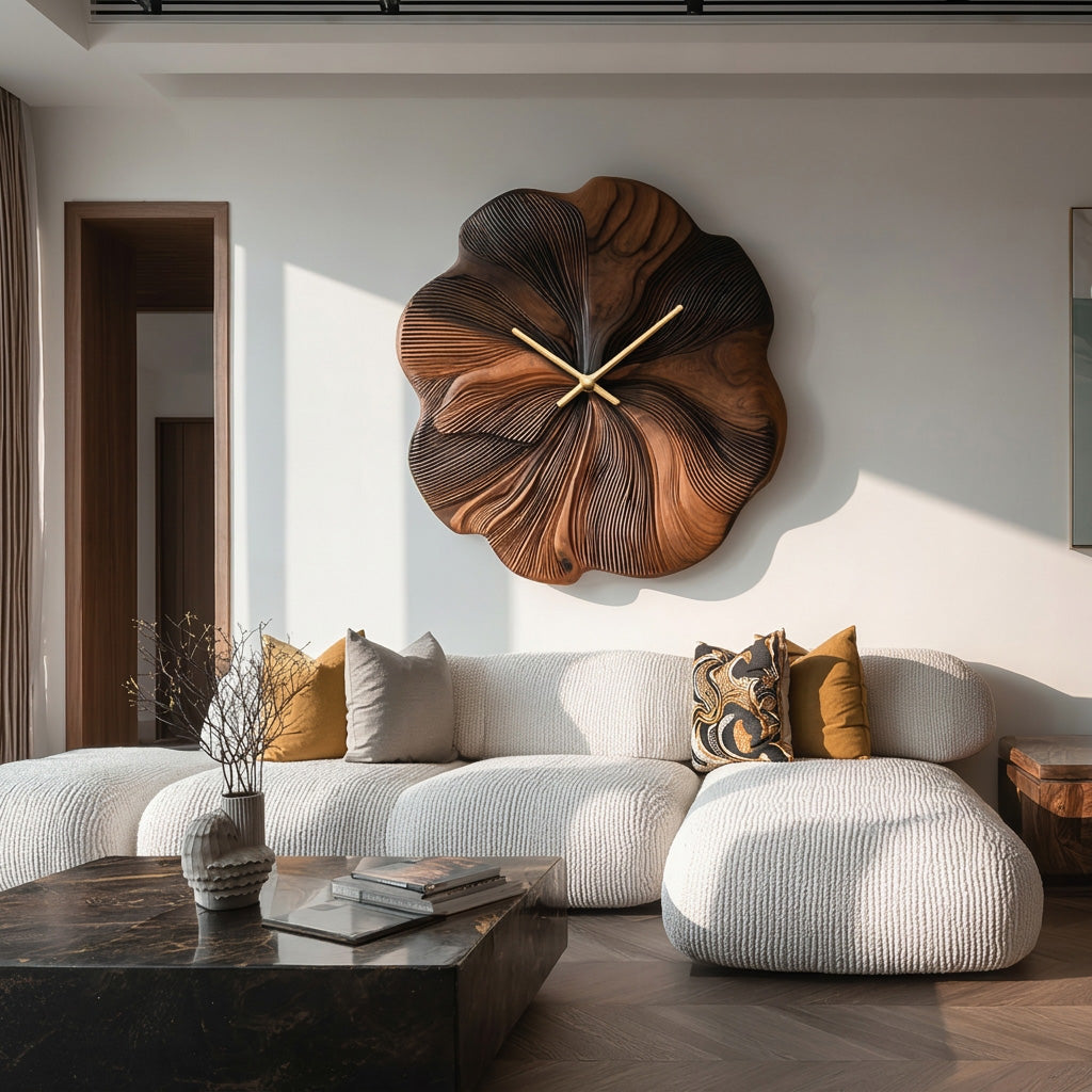 Contemporary Floral Wooden Wall Clock, Handcrafted Flower Shape Solid Wood Timepiece - view 3