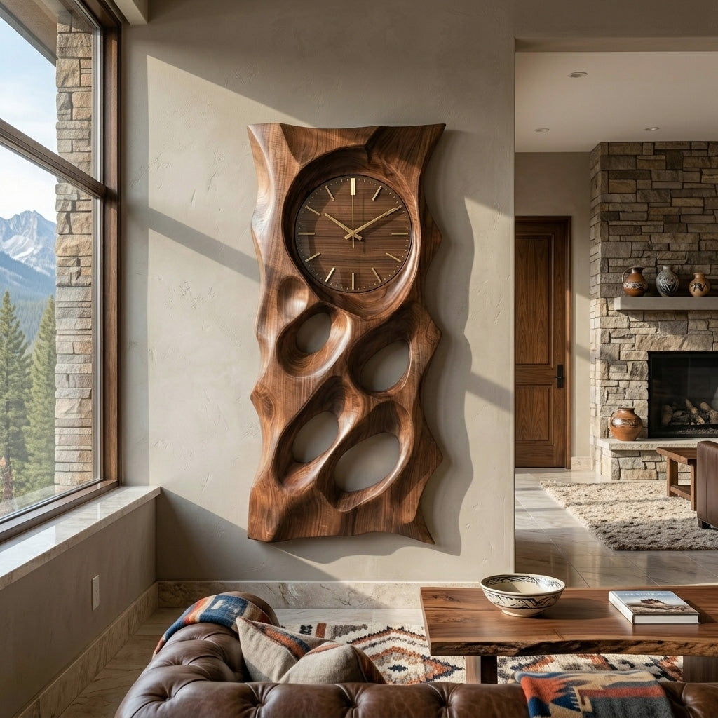 Modern Organic Wooden Wall Clock, 3D Hand-Carved Hollow Wood Hanging Clock