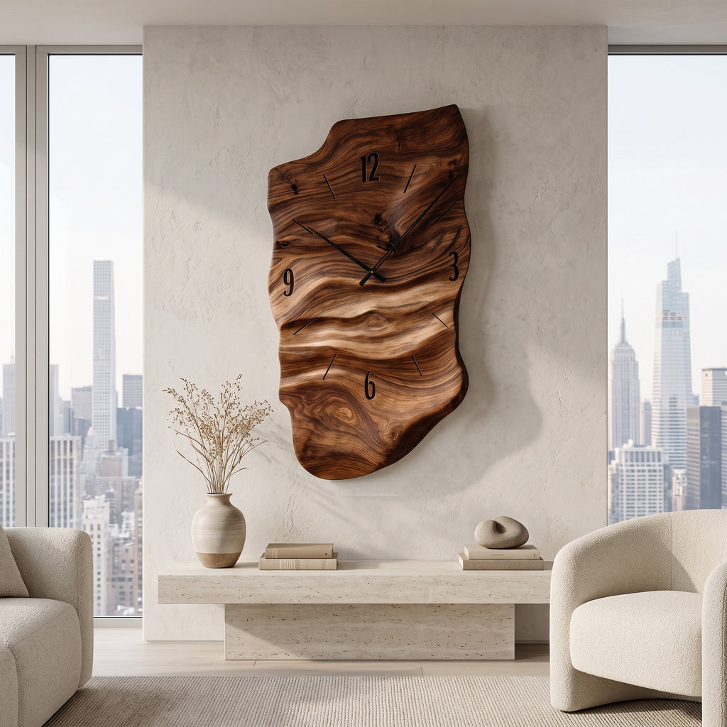 Modern Wall Clock, Carved Wood Circular Abstract Design Hanging Clock