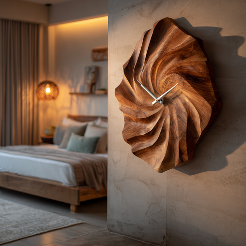 Artistic Wooden Wall Clock, Hand-Carved Ocean Wave 3D Wood Clock