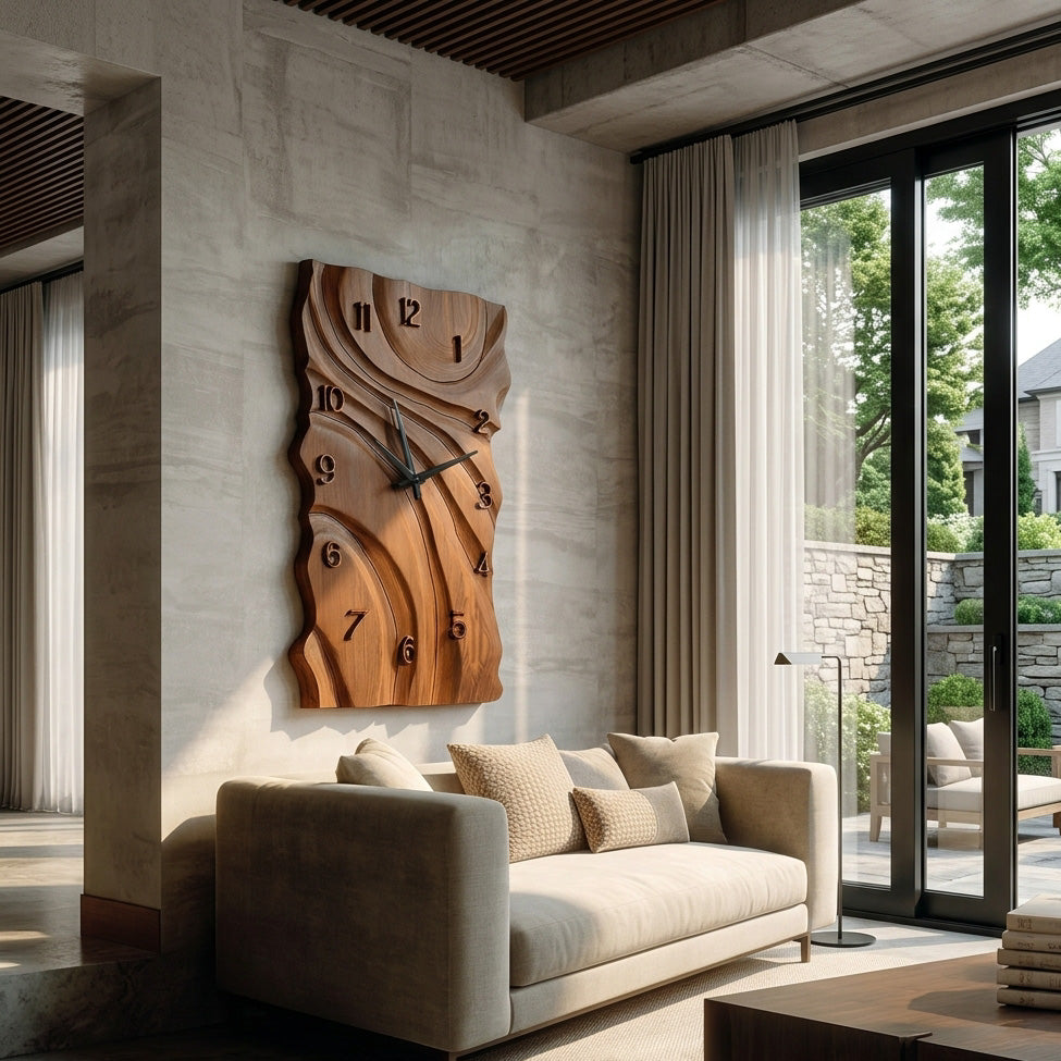 Rustic Wooden Wall Clock, Hand-Carved Abstract Geometric Design Wood Clock