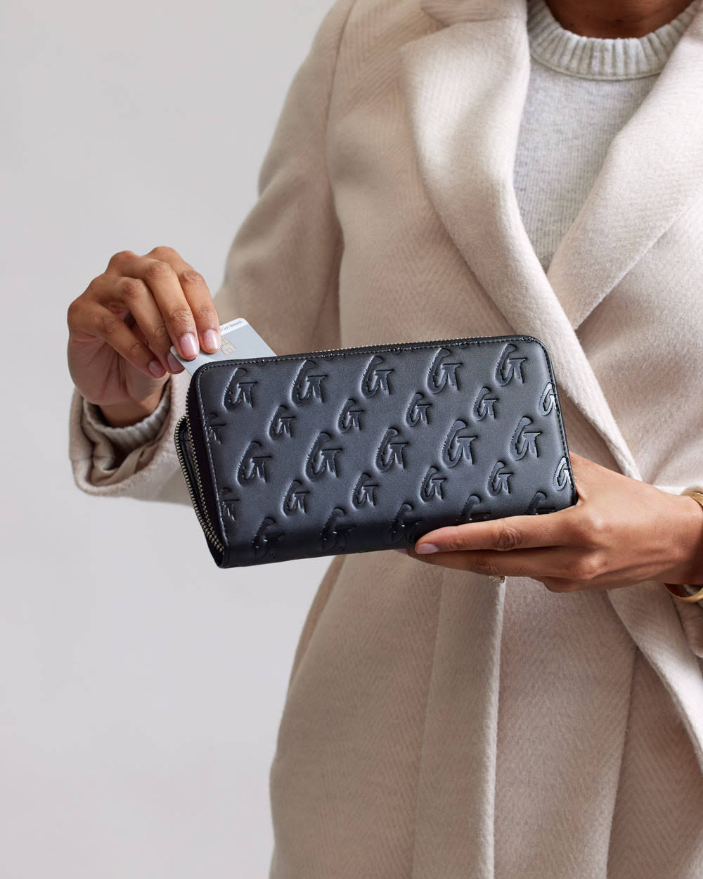 Large Vegan Leather Zip Wallet - Black