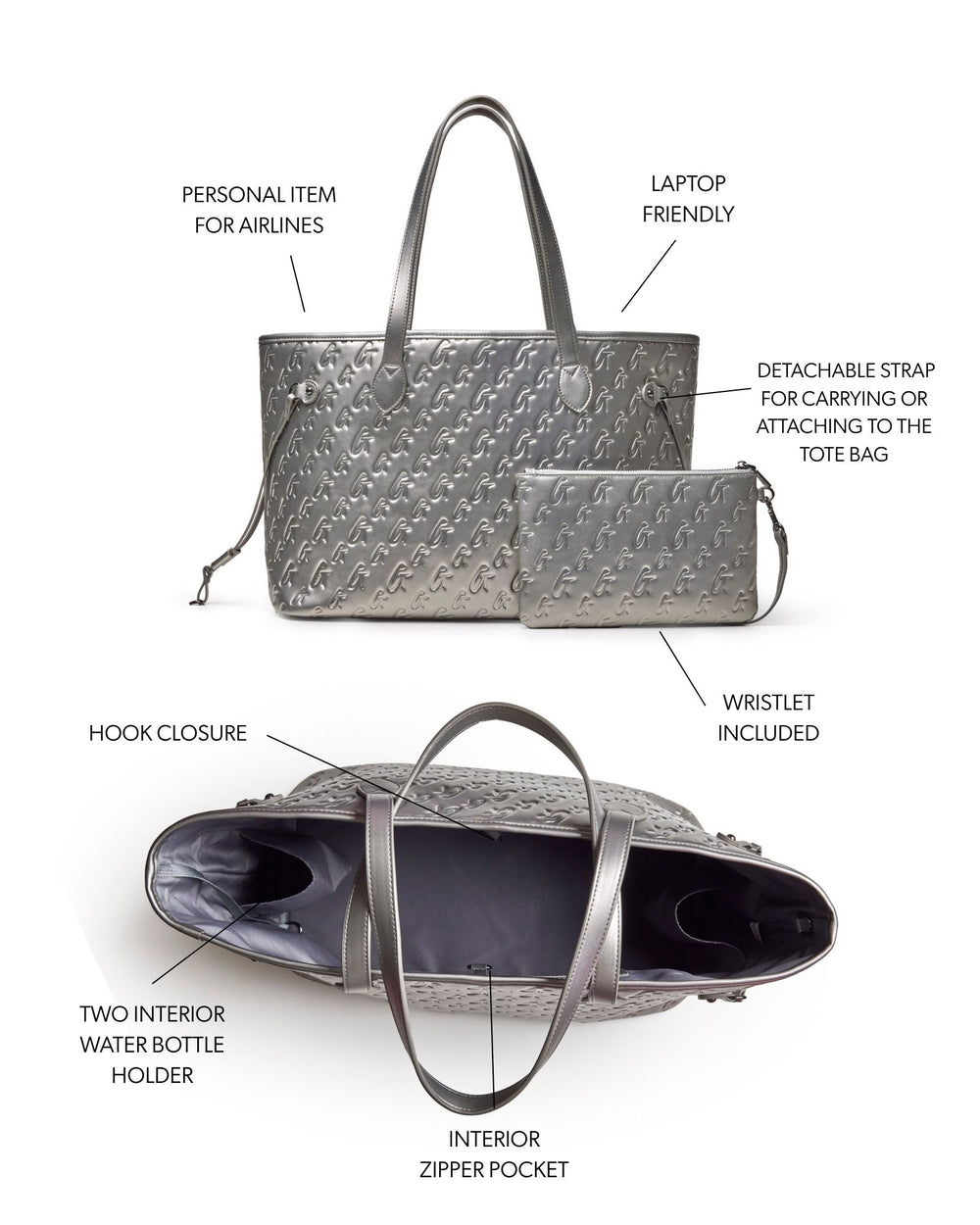 Vegan Leather Laptop Tote With Wristlet - Platinum
