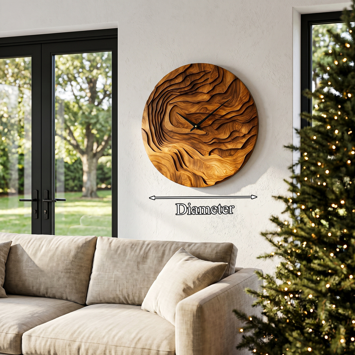 Rustic Wood Wall Clock with Hand Carved Organic Pattern for Living Room - view 8