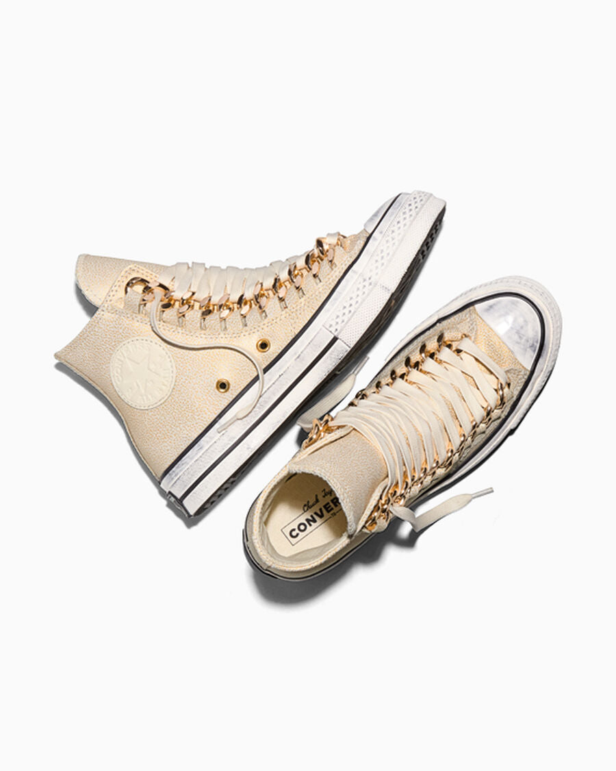 Leather High-Top Sneaker With Chain Detail - Egret/Egret/Black