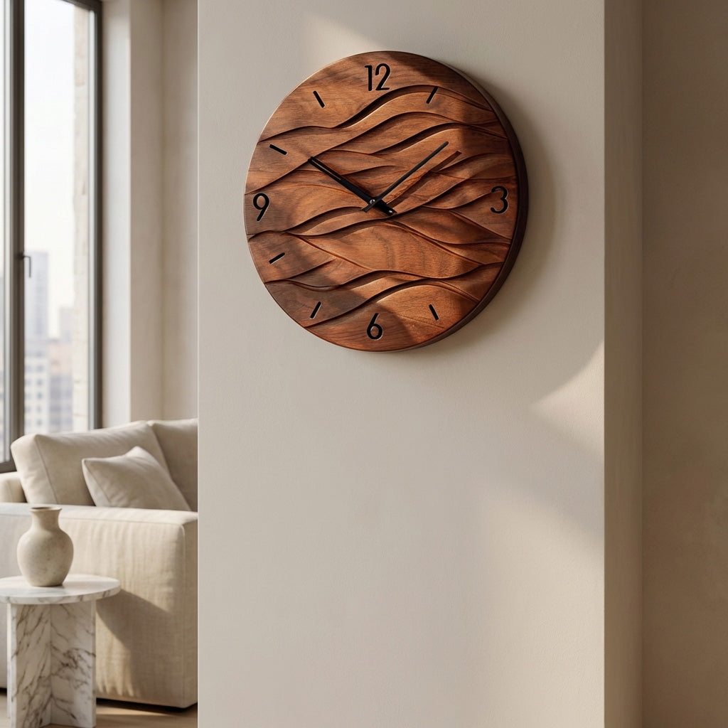 Organic Modern Wood Wave Wall Clock, 3D Hand-Carved Fluid Abstract Clock - view 3