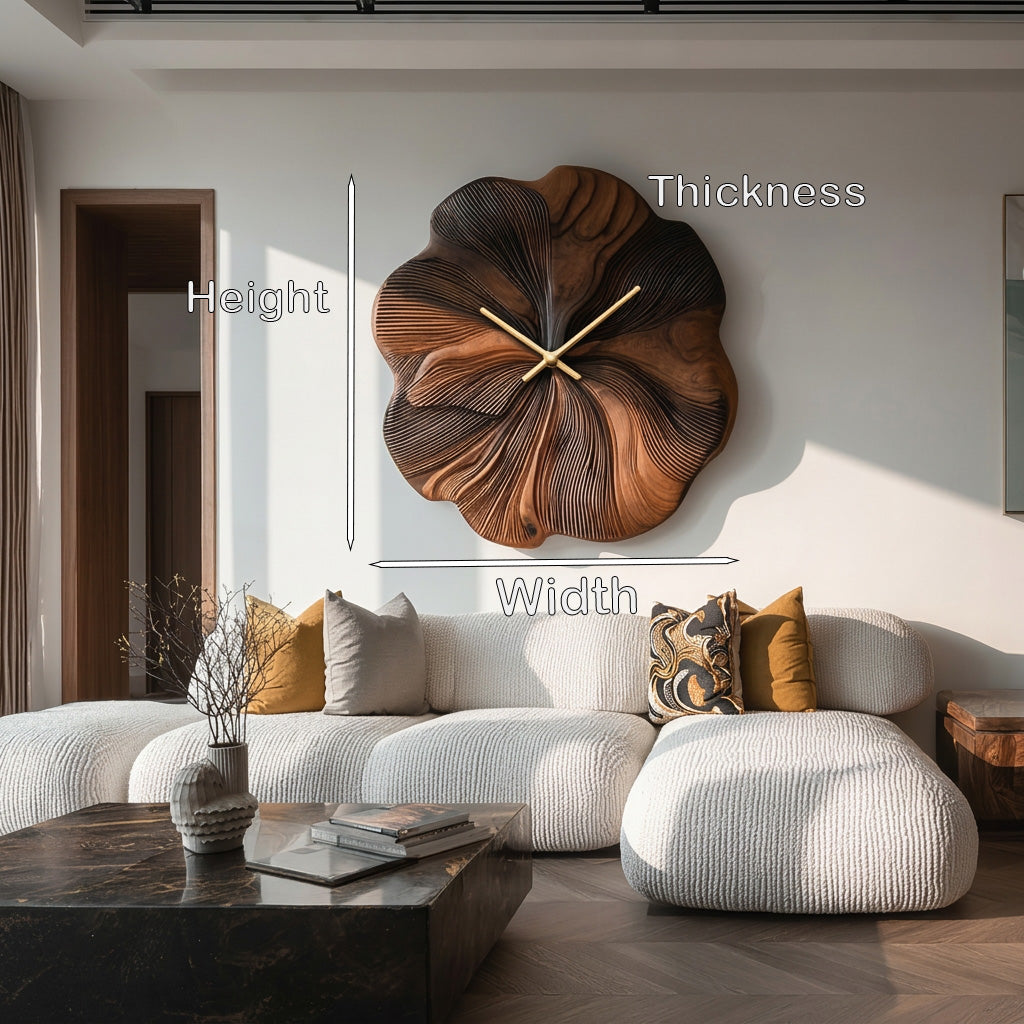 Contemporary Floral Wooden Wall Clock, Handcrafted Flower Shape Solid Wood Timepiece - view 7