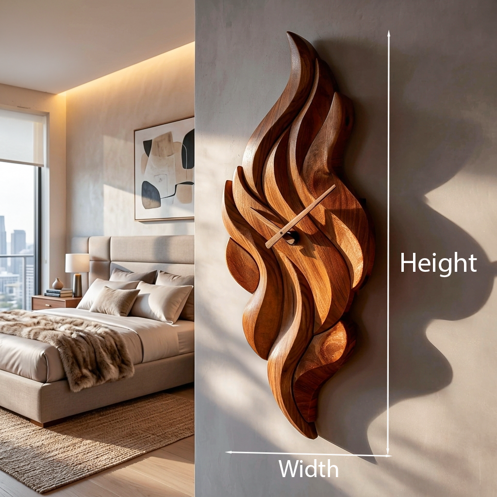 Modern Wooden Wall Clock with Sculptural Wave Carving - view 8