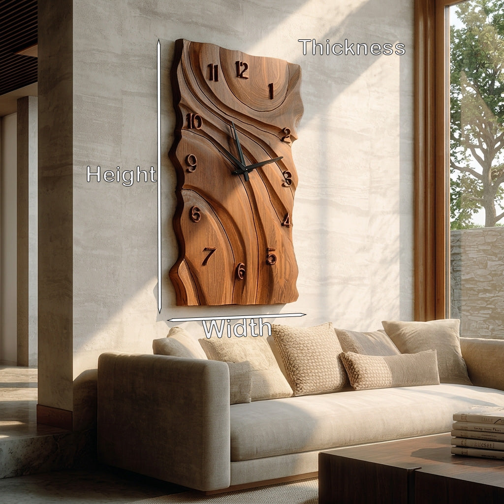 Rustic Wooden Wall Clock, Hand-Carved Abstract Geometric Design Wood Clock - view 8