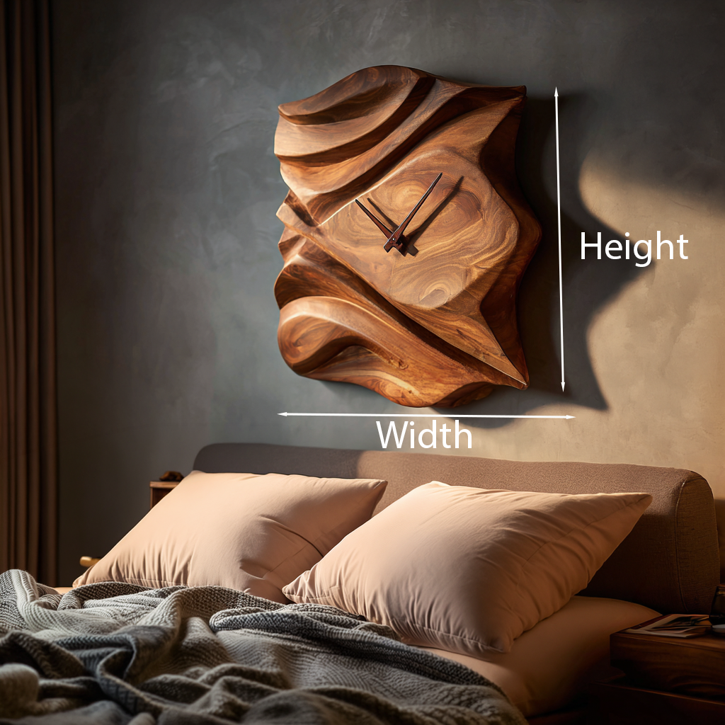 Contemporary Wooden Wall Clock, Hand-Carved Abstract Wave Wood Accent Clock - view 8