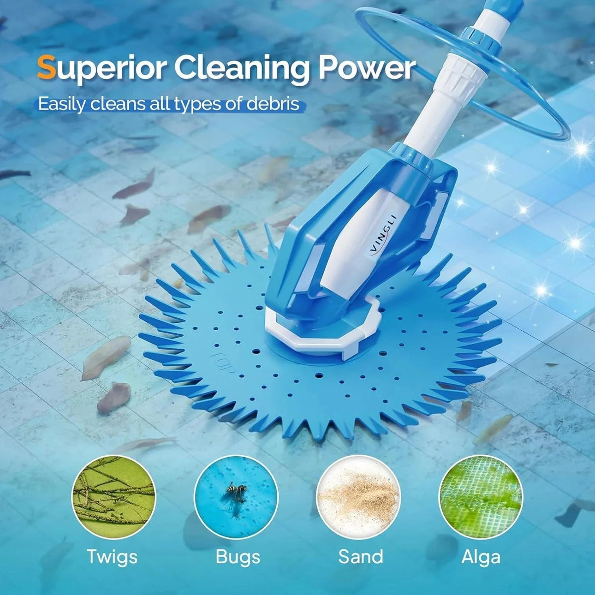 VINGLI Automatic Swimming Pool Vacuum Cleaner With 33FT Hoses, Navy Blue & White - Pool Cleaner 277