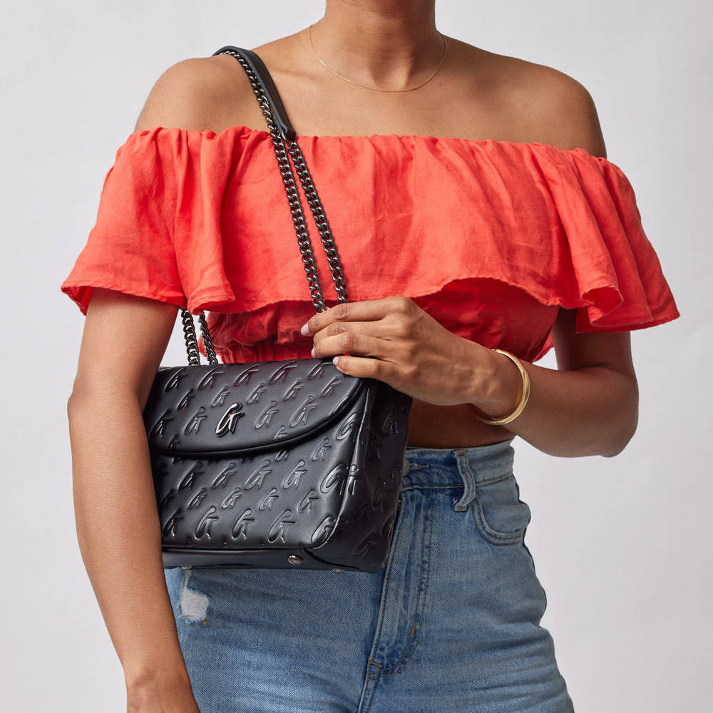 Medium Vegan Leather Flap Shoulder Bag - Black