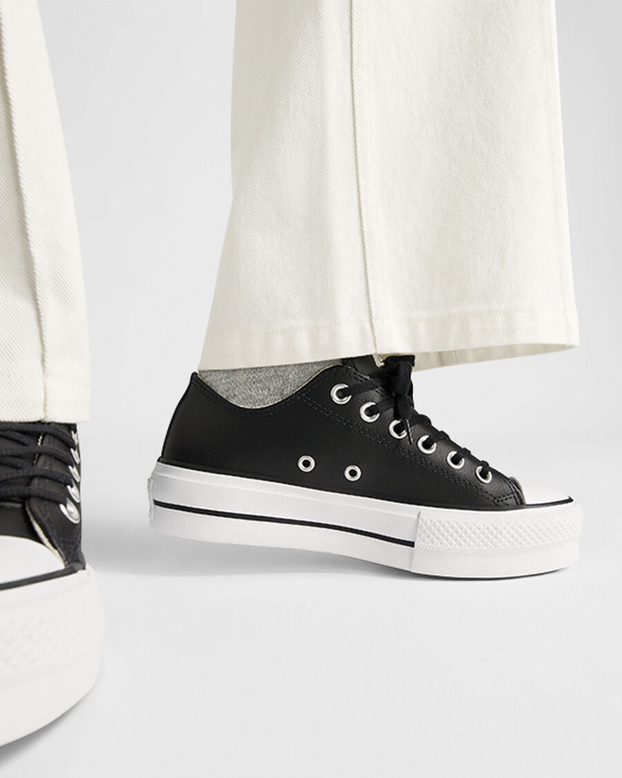 Leather Platform Low Top Sneaker - Black - Black/Black/White