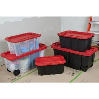 Husky Heavy Duty Stackable Storage Tote With Wheels, 45 Gal, 45.24 x 20.87 x 18.96 in, Black/Red Lid
