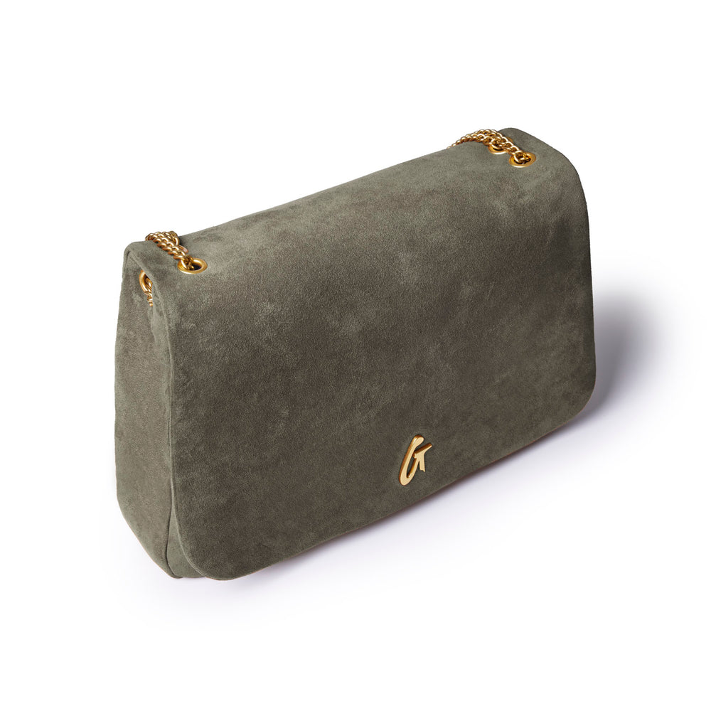 Large Vegan Suede Flap Bag - Olive Green