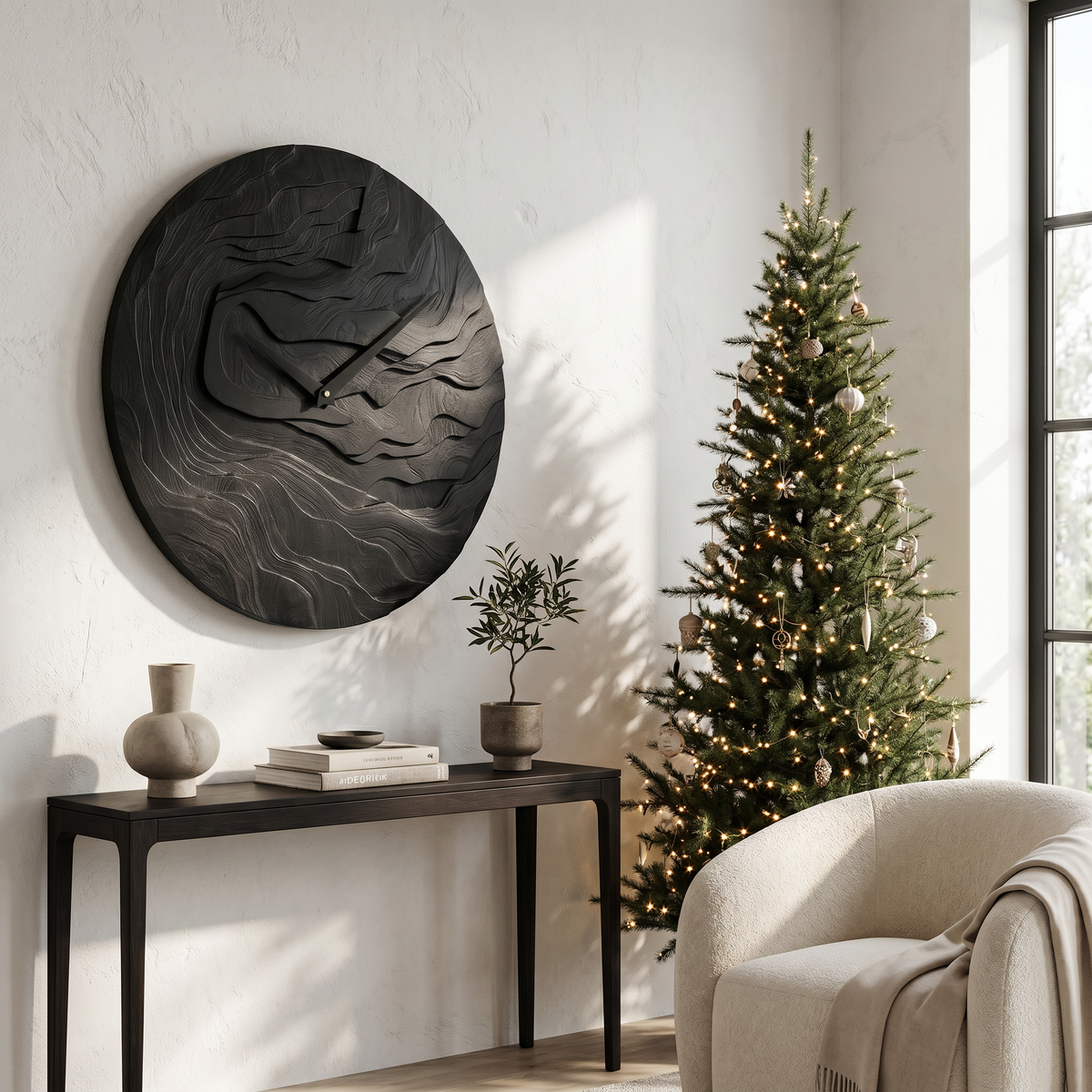 Rustic Wood Wall Clock with Hand Carved Organic Pattern for Living Room - view 4