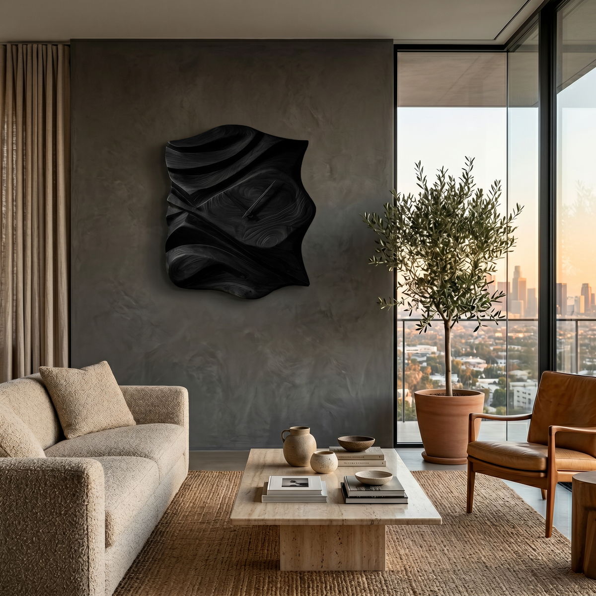 Contemporary Wooden Wall Clock, Hand-Carved Abstract Wave Wood Accent Clock - view 4