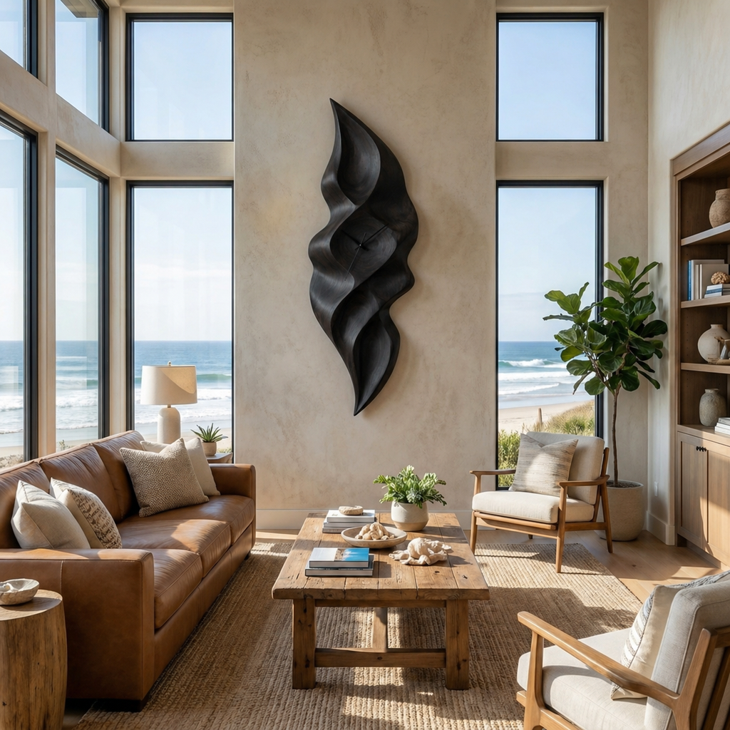 Contemporary Wood Wall Clock with Wave Sculpture for Minimalist Bedroom - view 4