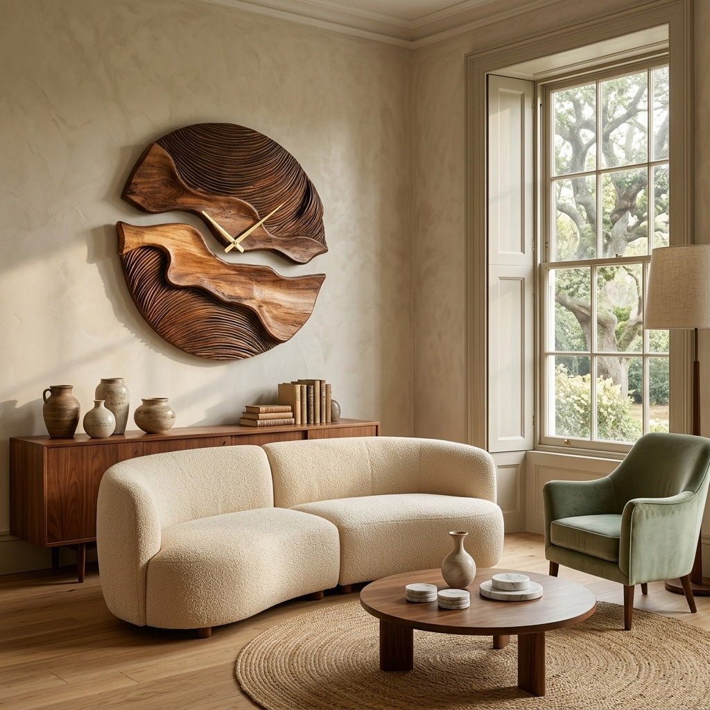 Organic Wooden Wall Clock, Handcrafted Unique Shape Solid Wood Timepiece - view 5