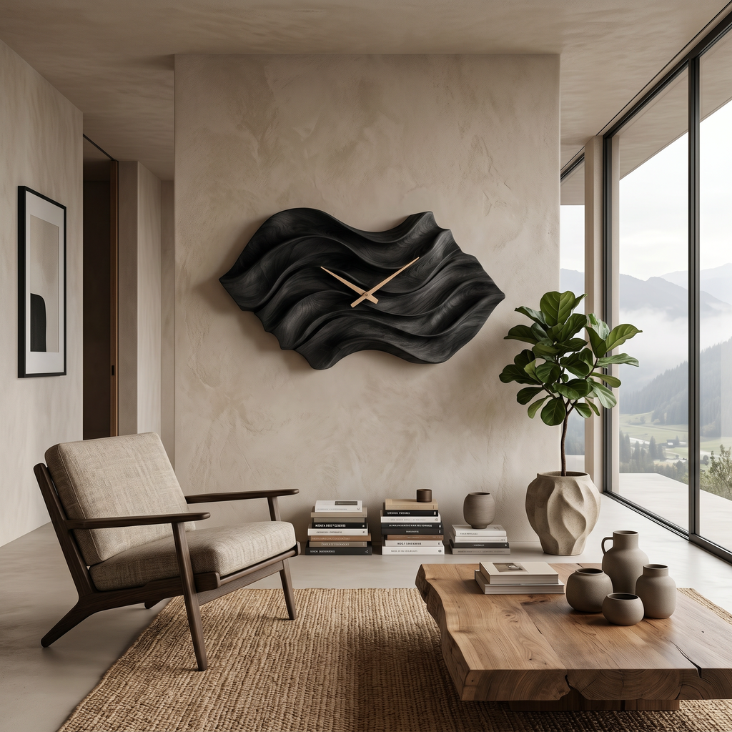 Modern Wooden Wall Clock, Organic Wavy Shape Solid Wood Quiet Timepiece - view 4