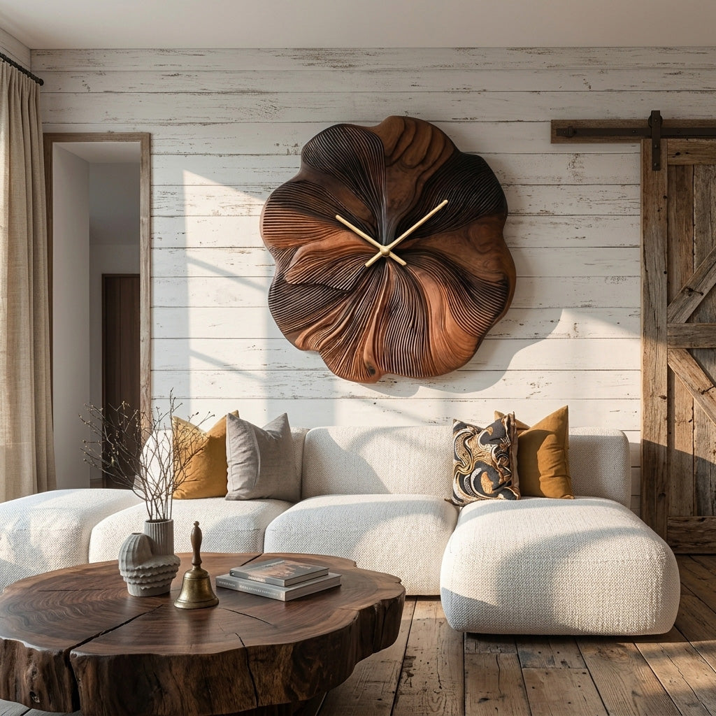 Contemporary Floral Wooden Wall Clock, Handcrafted Flower Shape Solid Wood Timepiece - view 2