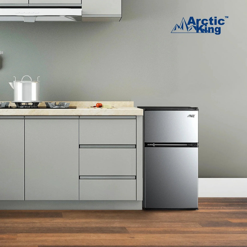 Arctic King Two-Door Mini Fridge With Freezer, 3.2 Cu. Ft., Stainless Steel