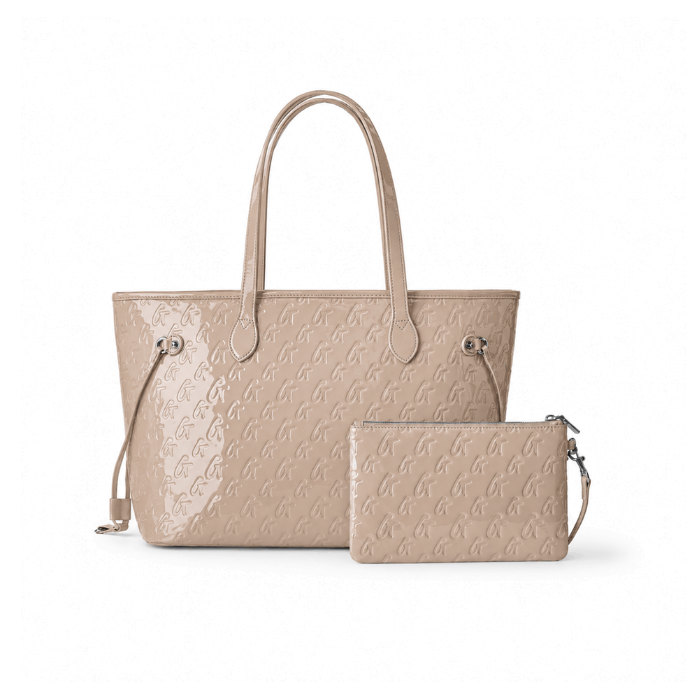 Vegan Leather Laptop Tote With Wristlet - Mirror Nude