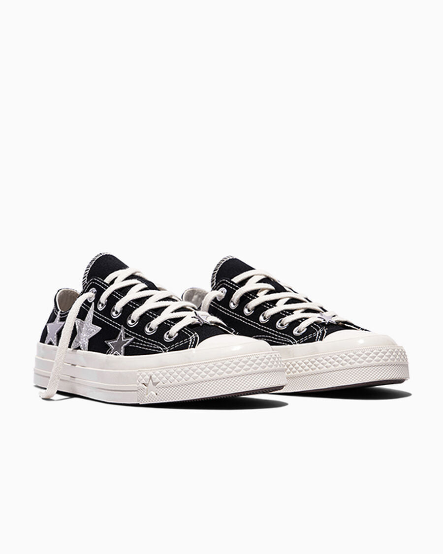 Canvas Low Top Sneaker With Silver Stars - Black/Dull Silver/Egret