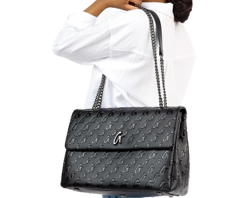 Large Vegan Leather Flap Laptop Bag - Black